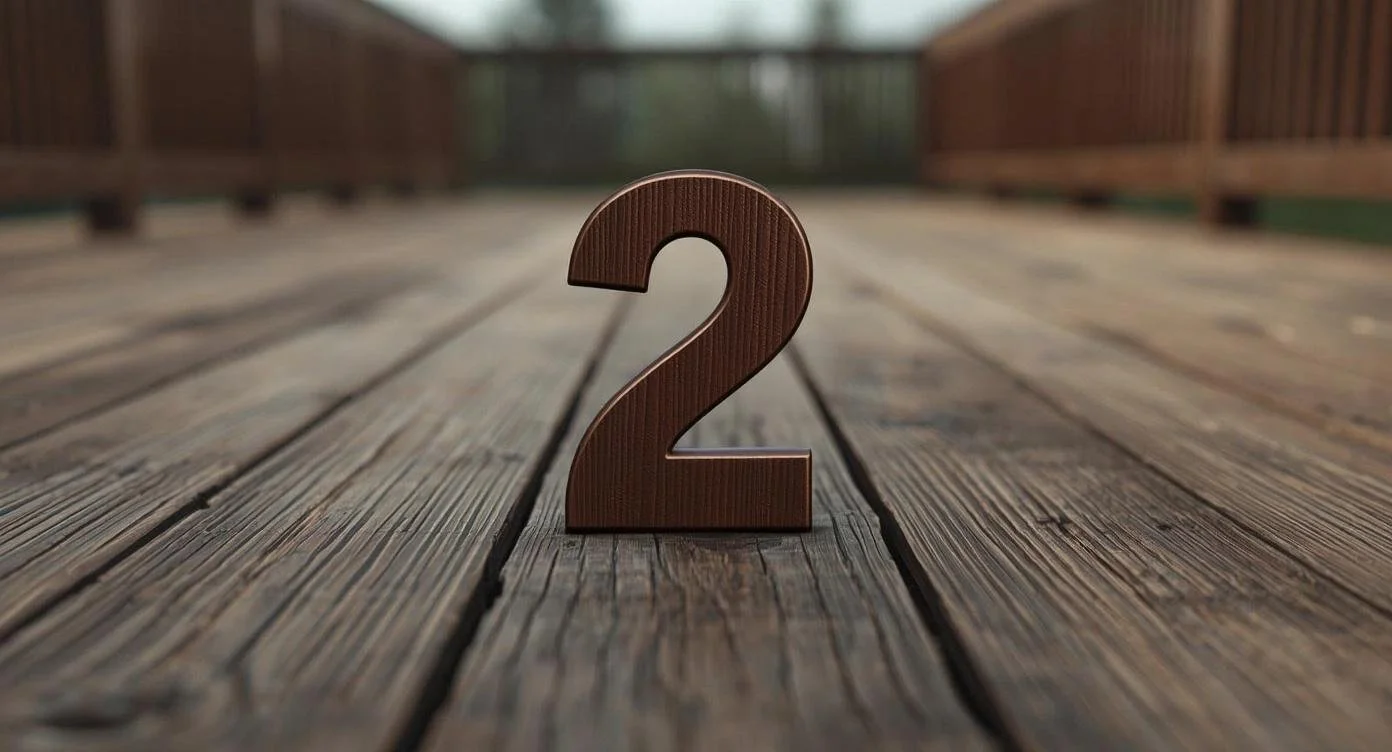 A wooden number two placed on a wooden deck with a blurred background.
