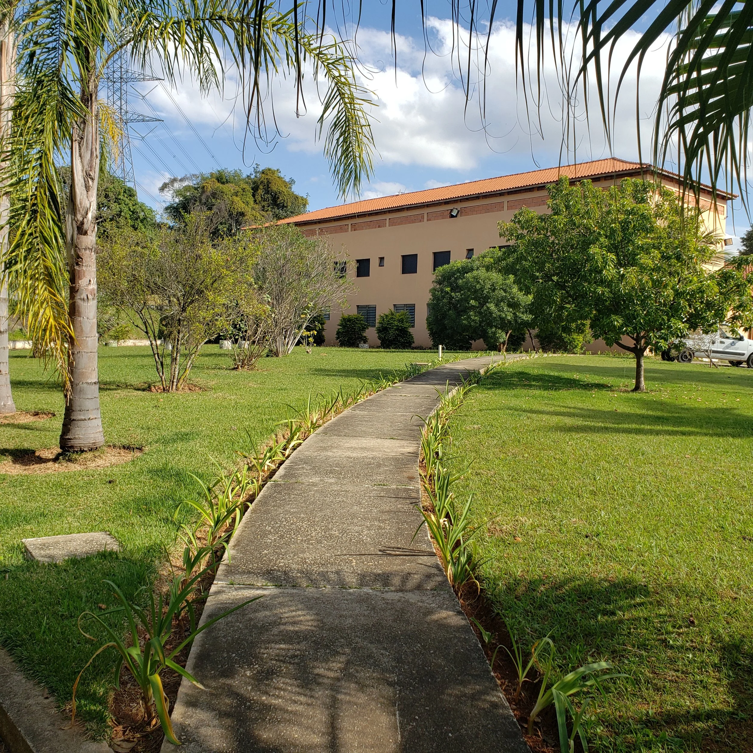 Caminho curvo de concreto em um jardim com grama bem cuidado, árvores e arbustos, com prédio de paredes claras e telhado de barro ao fundo, sob céu parcialmente nublado.
