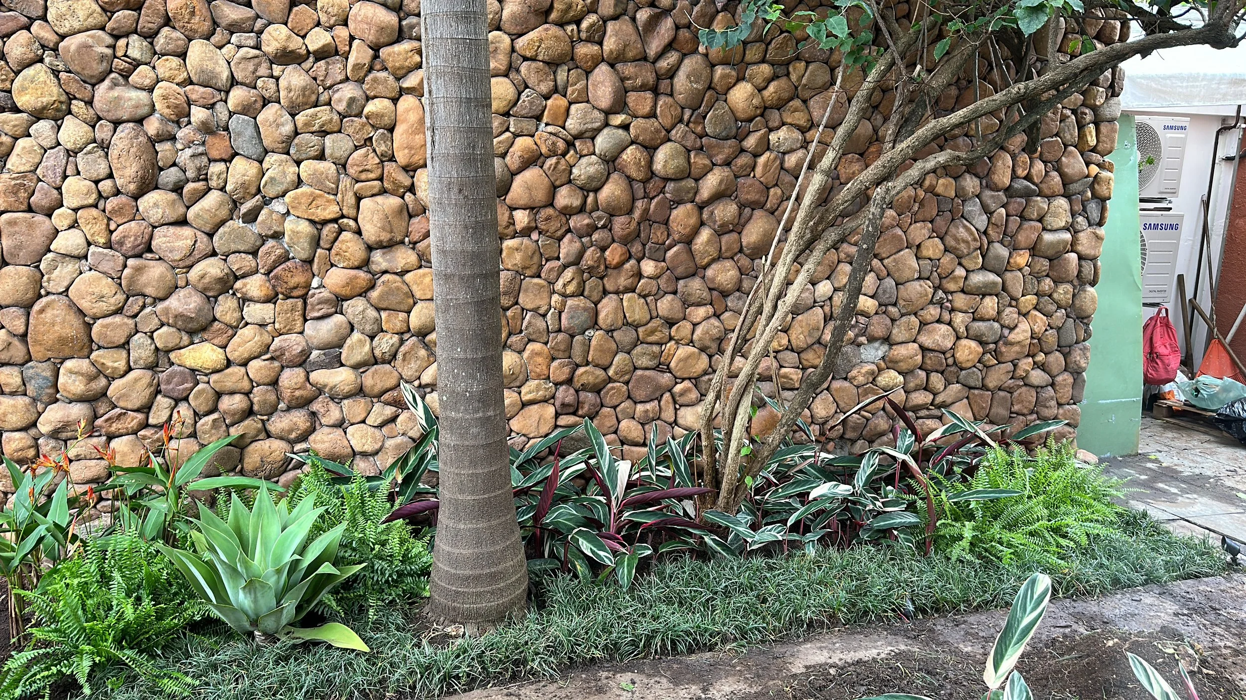 Jardim com várias plantas e árvores em frente a uma parede de pedras. Ao lado, uma estrutura com ar condicionado e uma mochila vermelha ao fundo.