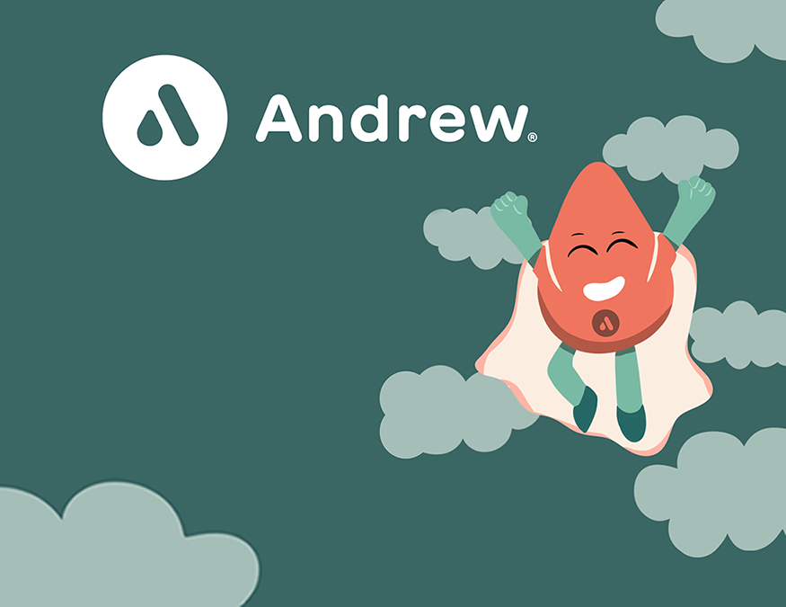 Logo d'Andrew avec un dessin de mascotte souriante, en arrière-plan des nuages et un ciel vert.
