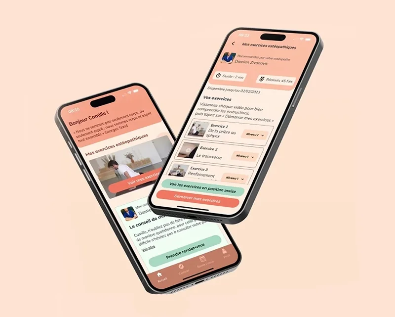 Deux smartphones affichant une application mobile pour des exercices ostéopathiques, avec des instructions et des vidéos d'exercices, par Andrew Pro.