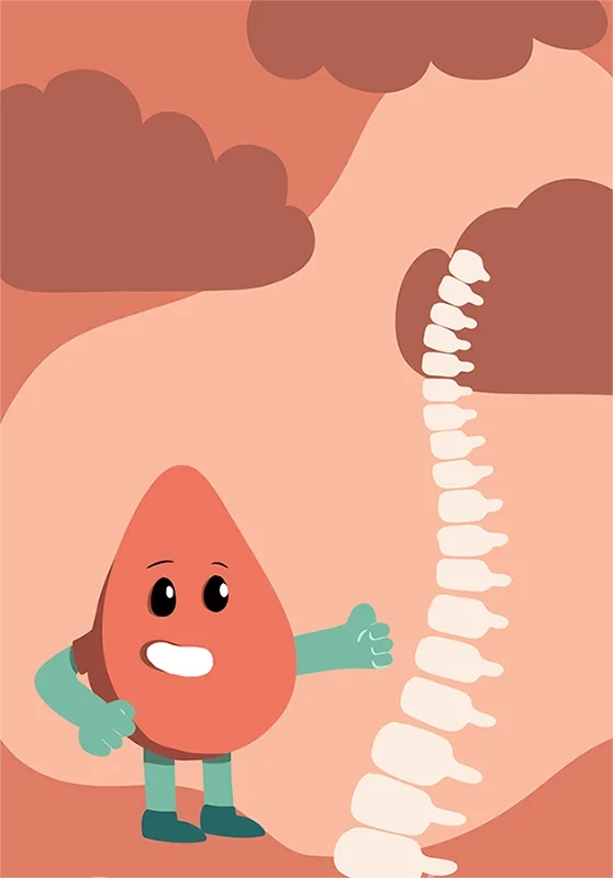 Une animation de la mascotte d'Andrew, avec un sourire, des yeux grands et noirs, des bras et des jambes vertes, se tenant à une colonne vertébrale humaine dans un paysage de couleurs chaudes avec des nuages bruns.