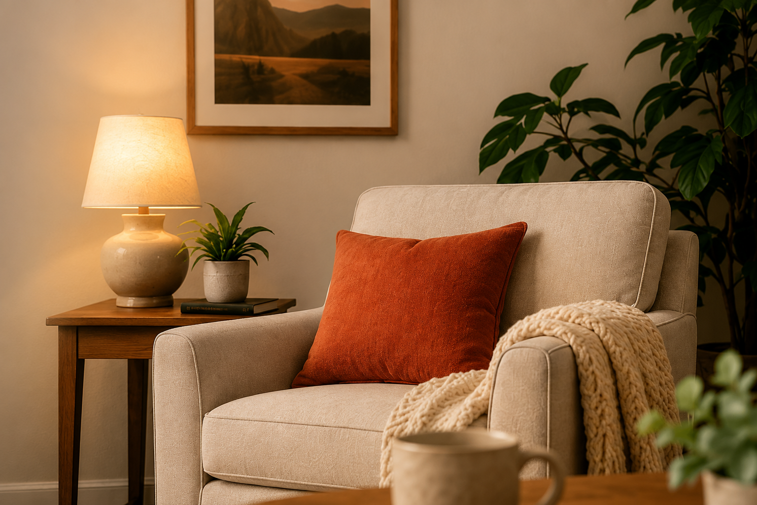 Cozy living room with beige armchair featuring a rust-colored pillow and chunky knit blanket, beside a wooden side table with a lamp, potted plant, and book, with framed landscape picture and large leafy plant in the background.