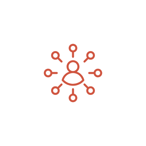 Icon of a person at the center connected to surrounding nodes, representing a network or social connection.