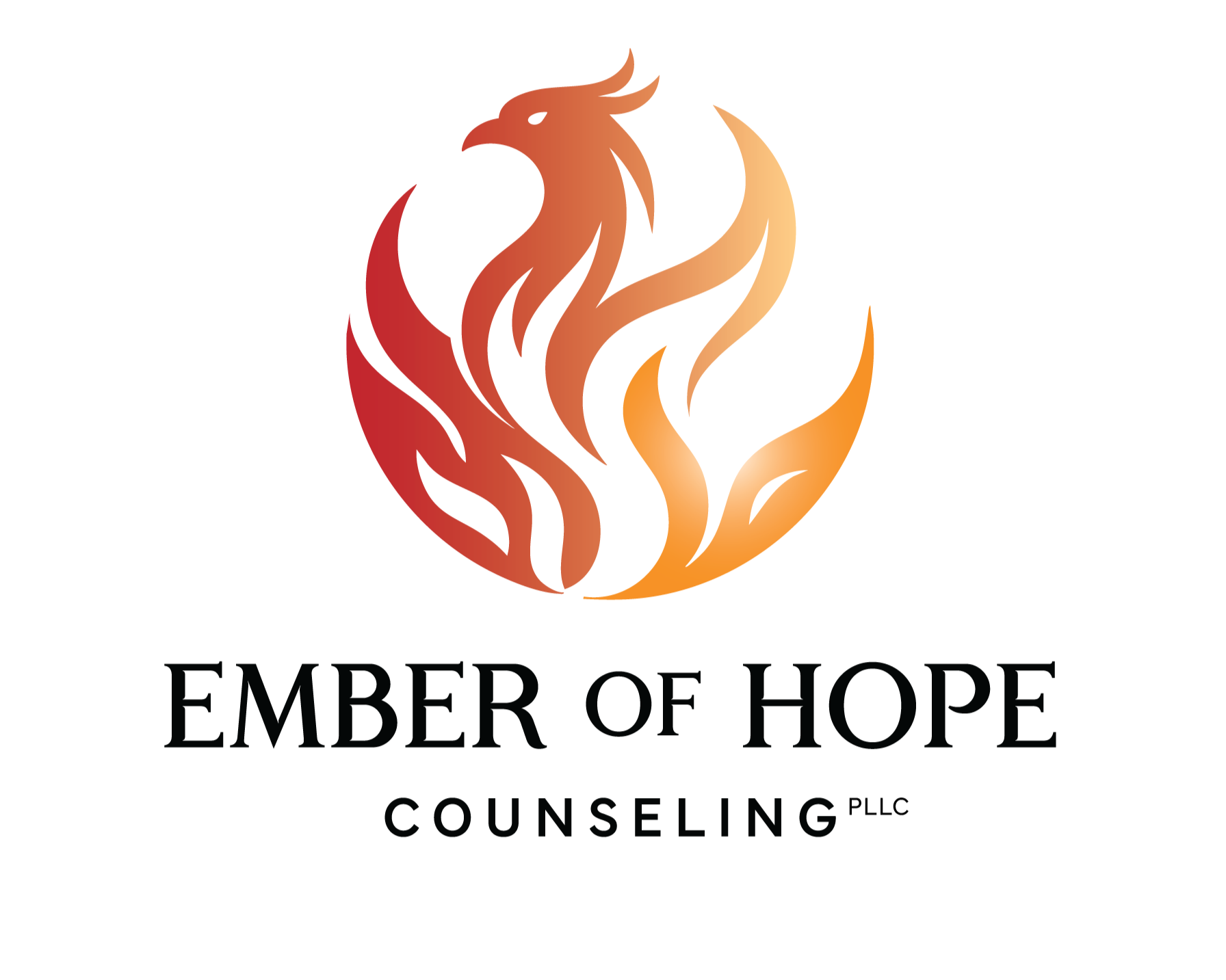 Logo for Ember of Hope Counseling featuring a stylized phoenix in shades of red, orange, and yellow above the text 'EMBER OF HOPE COUNSELING PLLC'.