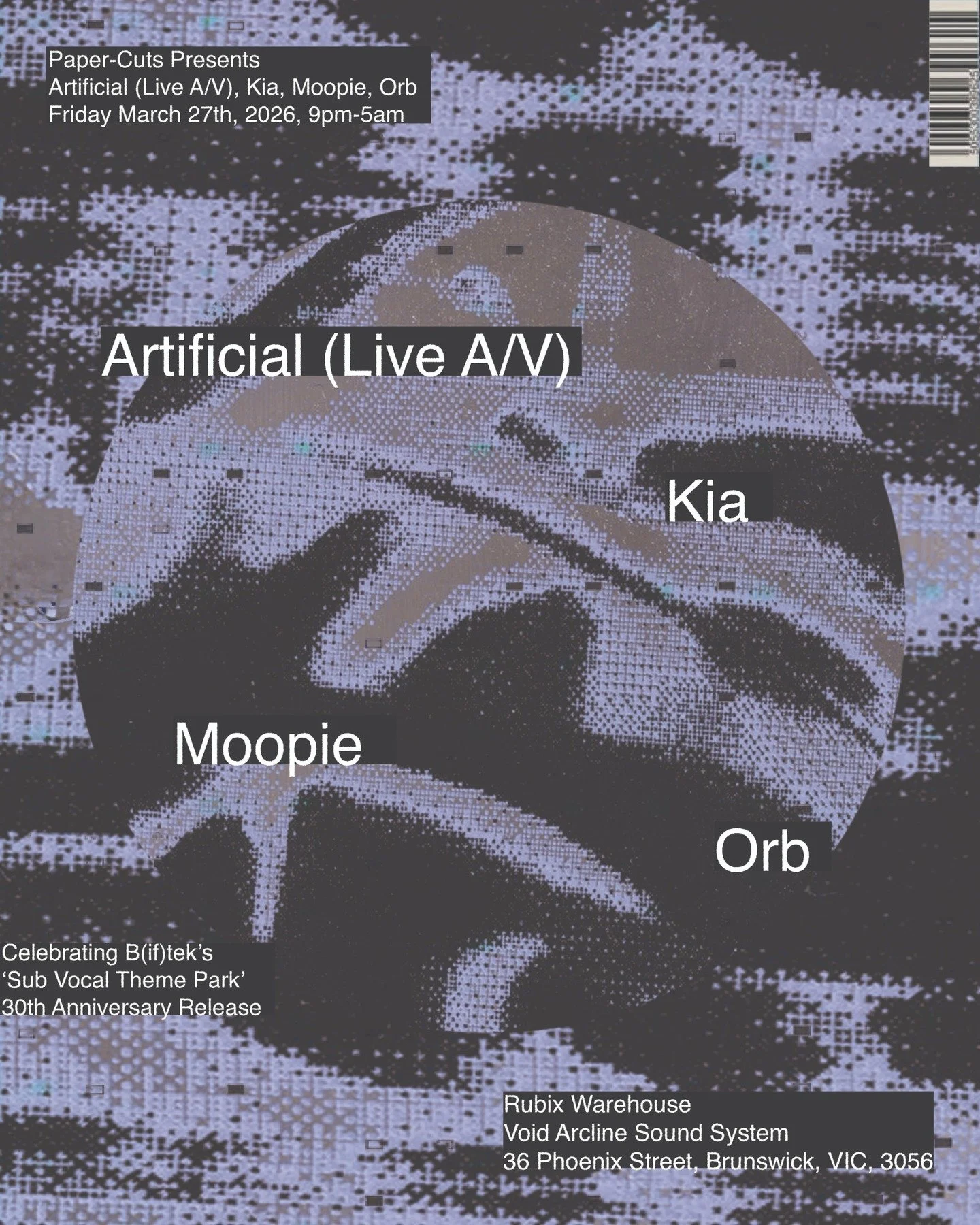 We've had to move the venue for 27th March Artificial Melbourne gig to to Rubix Warehouse - it's literally just around the corner from Quadraphonic Club in Brunswick, same line- up, so shouldn't inconvenience anyone. Plus, its a groovy warehouse spac