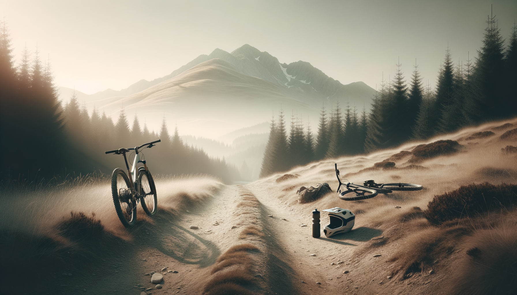 Mountain biking equipment and helmet on a dirt trail in a forested mountain landscape at sunset, with two bikes, a helmet, and a water bottle.