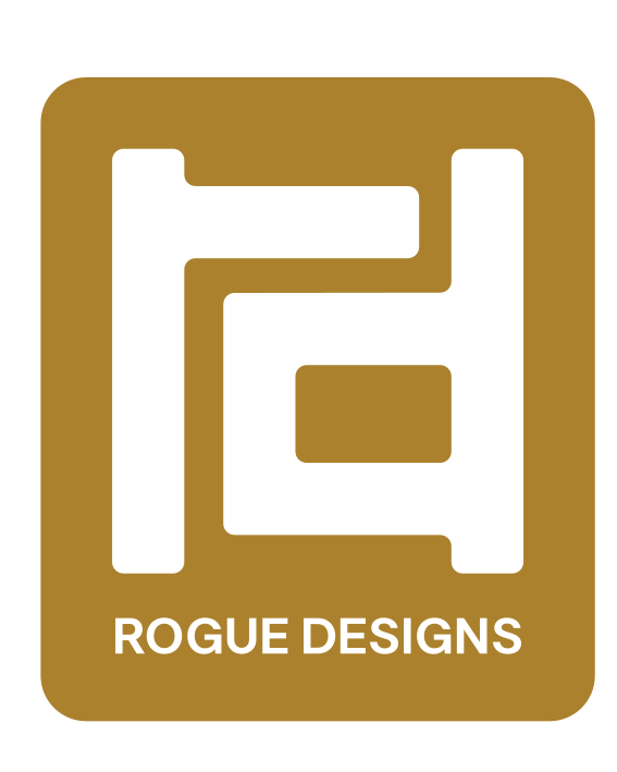 Logo with stylized uppercase 'F' and 'E' in black on a gold background, with 'ROGUE DESIGNS' written below.