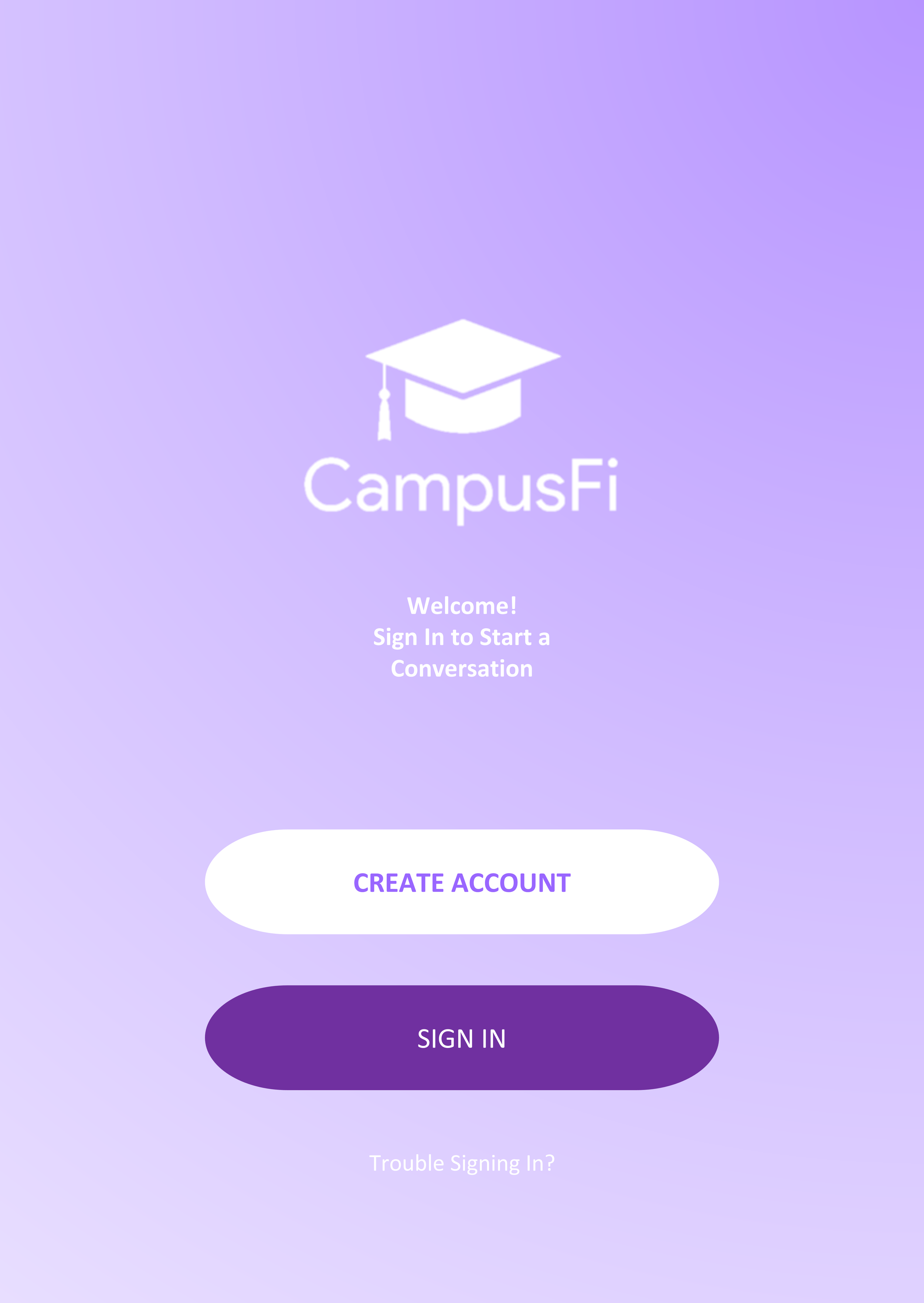 Mobile app login screen for CampusFi with a purple gradient background, featuring a graduation cap icon, the CampusFi logo, a welcome message, and options to create an account or sign in.
