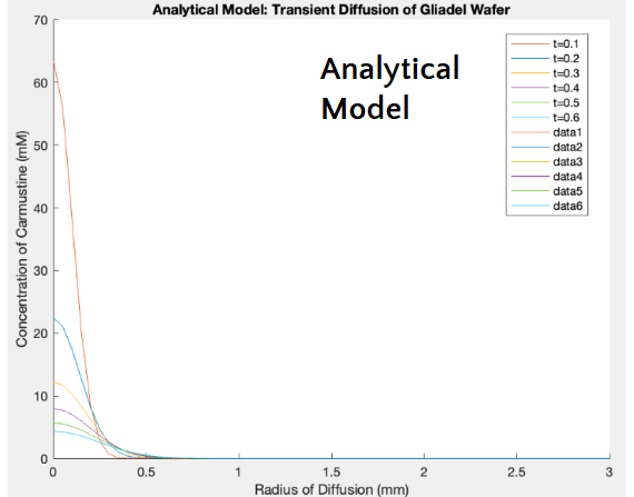 Graph showing transient diffusion of gliadel wafer, with concentration of Carmustine in nanomolar versus radius of diffusion in millimeters, including model and data lines at different time points.