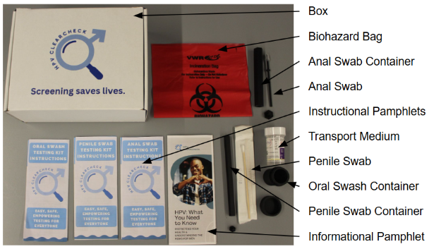 An at-home sexual health testing kit with labeled components including a box, biohazard bag, anal swab container, anal swab, instructional pamphlets, transport medium, penile swab, oral swash container, penile swab container, and informational pamphlet.