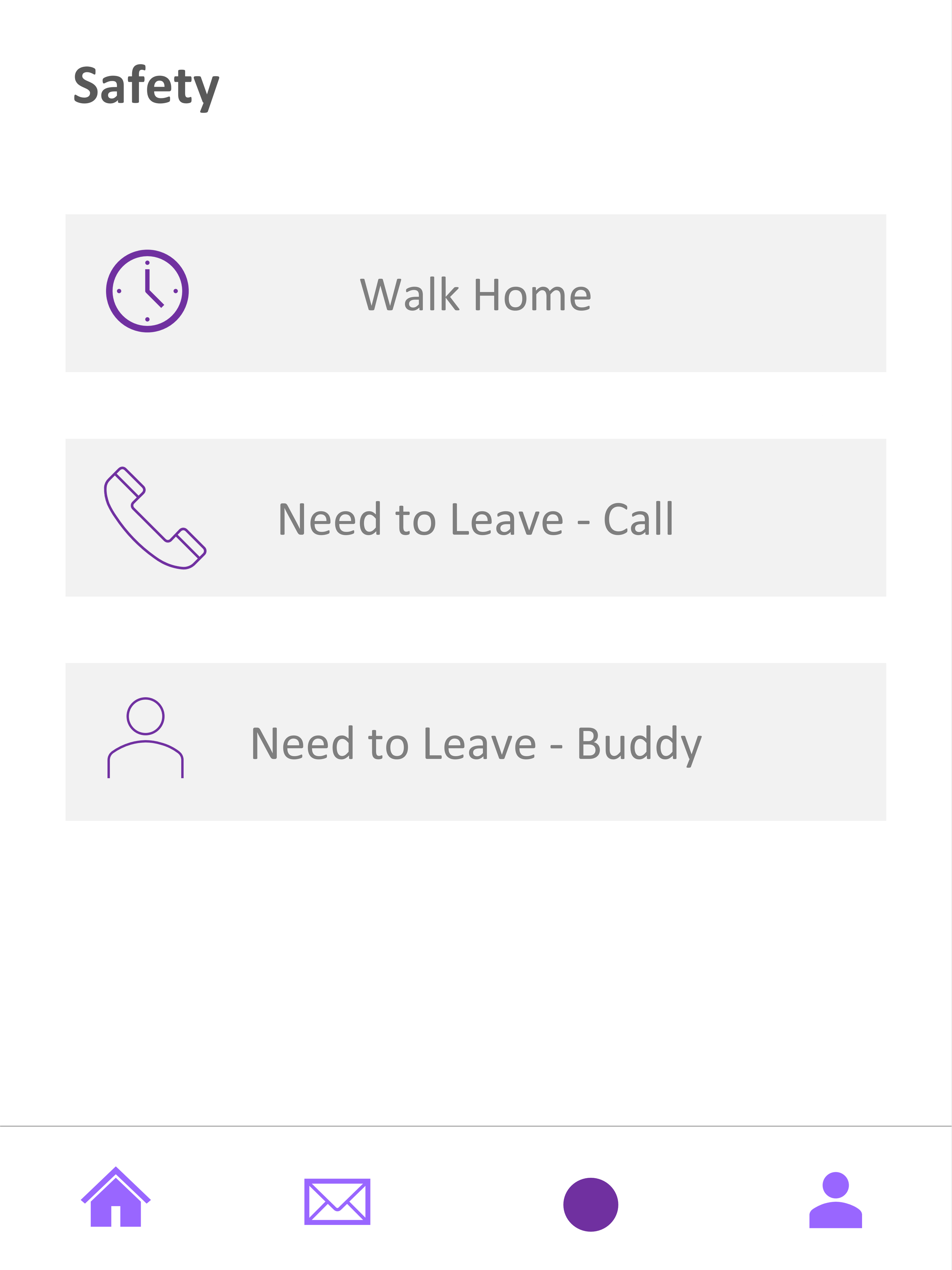 Mobile app interface with safety options: Walk Home, Need to Leave - Call, Need to Leave - Buddy, with icons at the bottom for Home, Messages, Record, and Profile