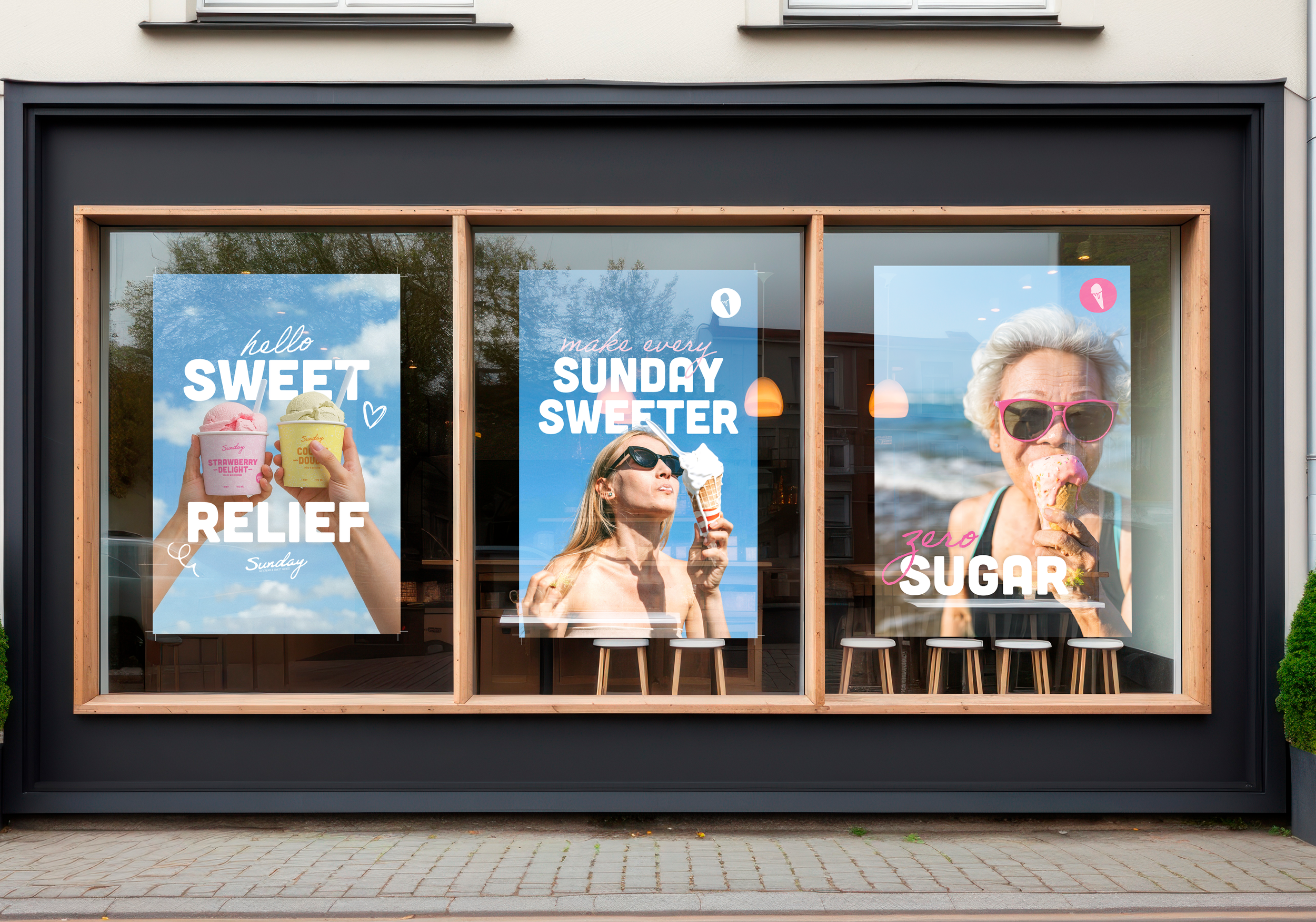 Sunday storefront with posters.