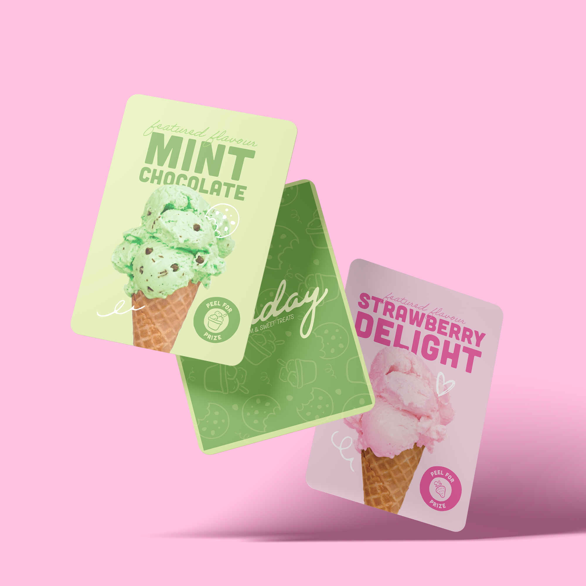 Mint Chocolate Chip and Strawberry flavour trading cards.