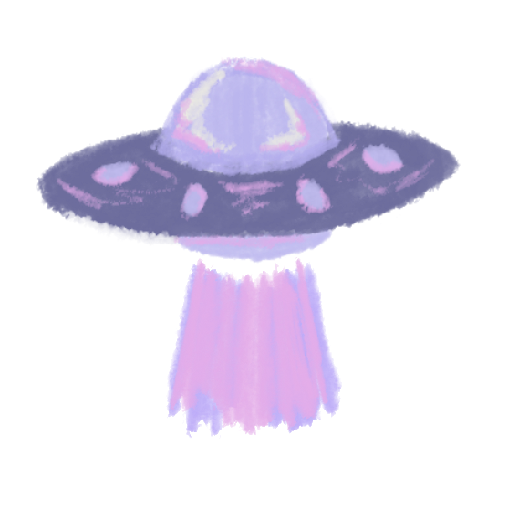A stylized illustration of a flying saucer spacecraft with a glowing purple beam of light extending downward.
