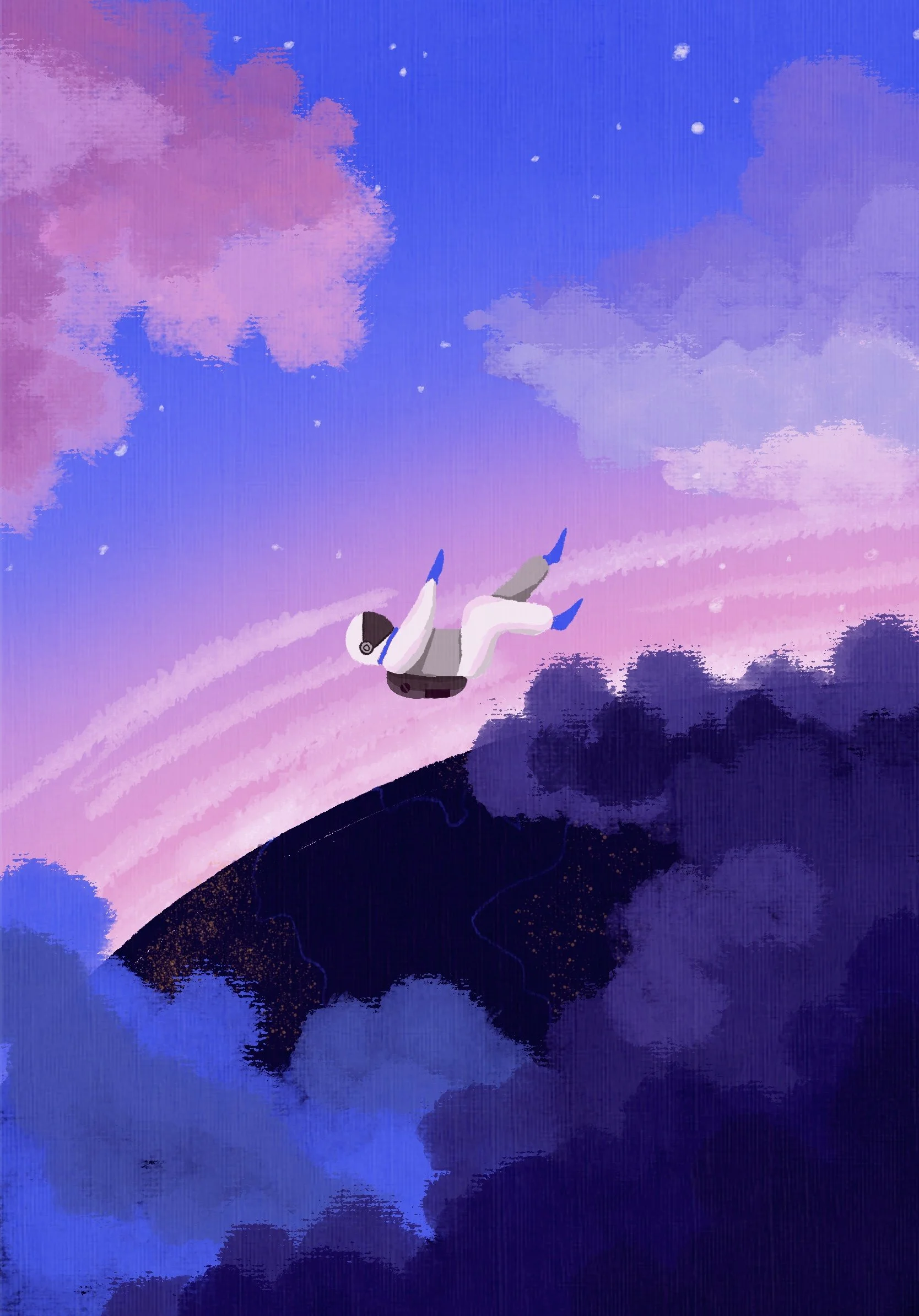 Digital illustration of an astronaut falling through a colorful sky with clouds and stars.