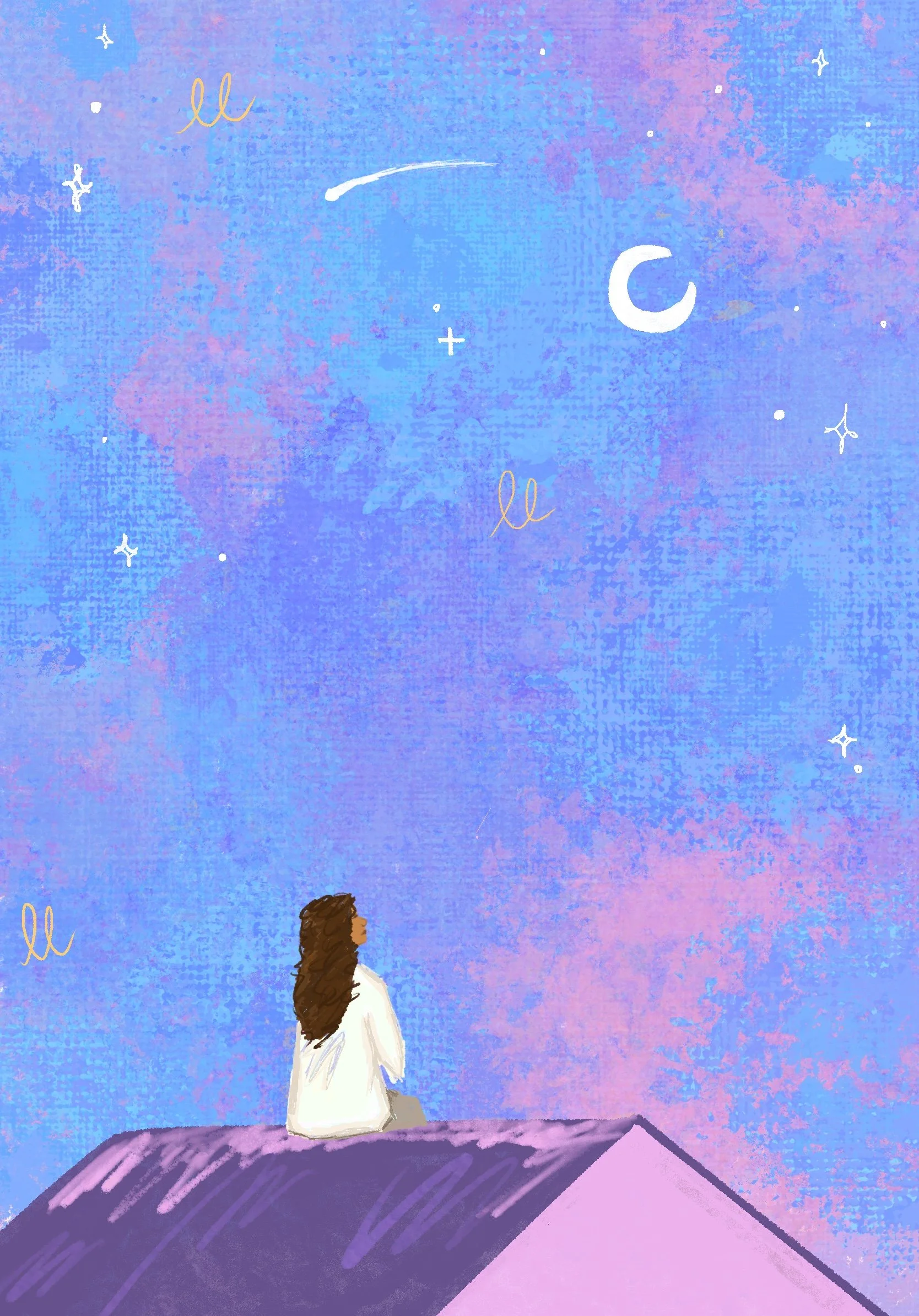 A woman with long brown hair sitting on a roof at dusk, gazing at the sky filled with stars, a crescent moon, and a colorful, textured background in shades of blue and purple.