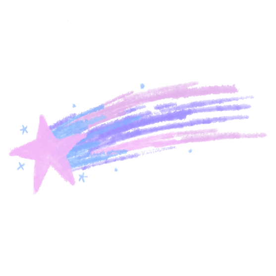 A pastel-colored drawing of a shooting star with rainbow trails against a dark background.