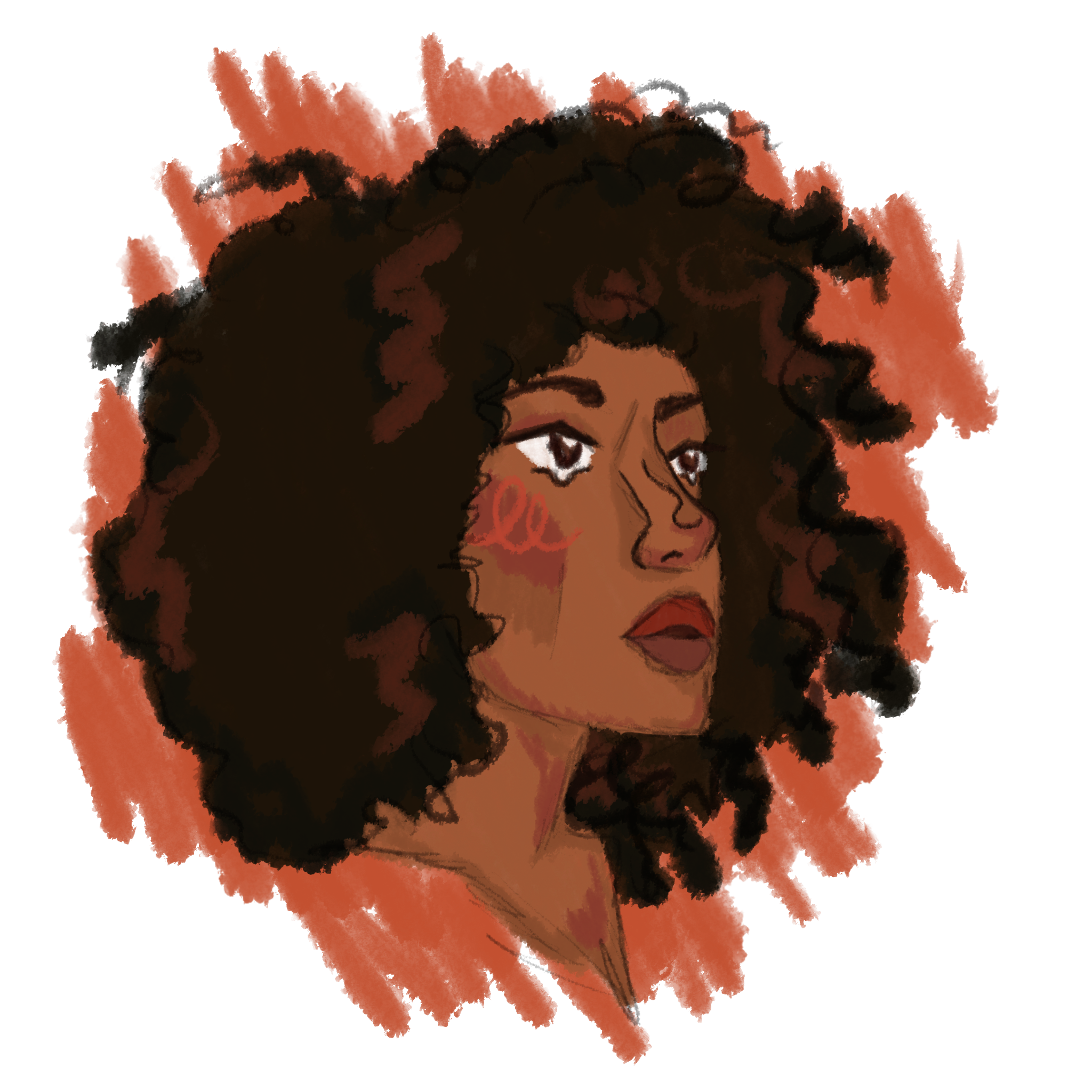 Illustration of a woman with dark, curly hair.
