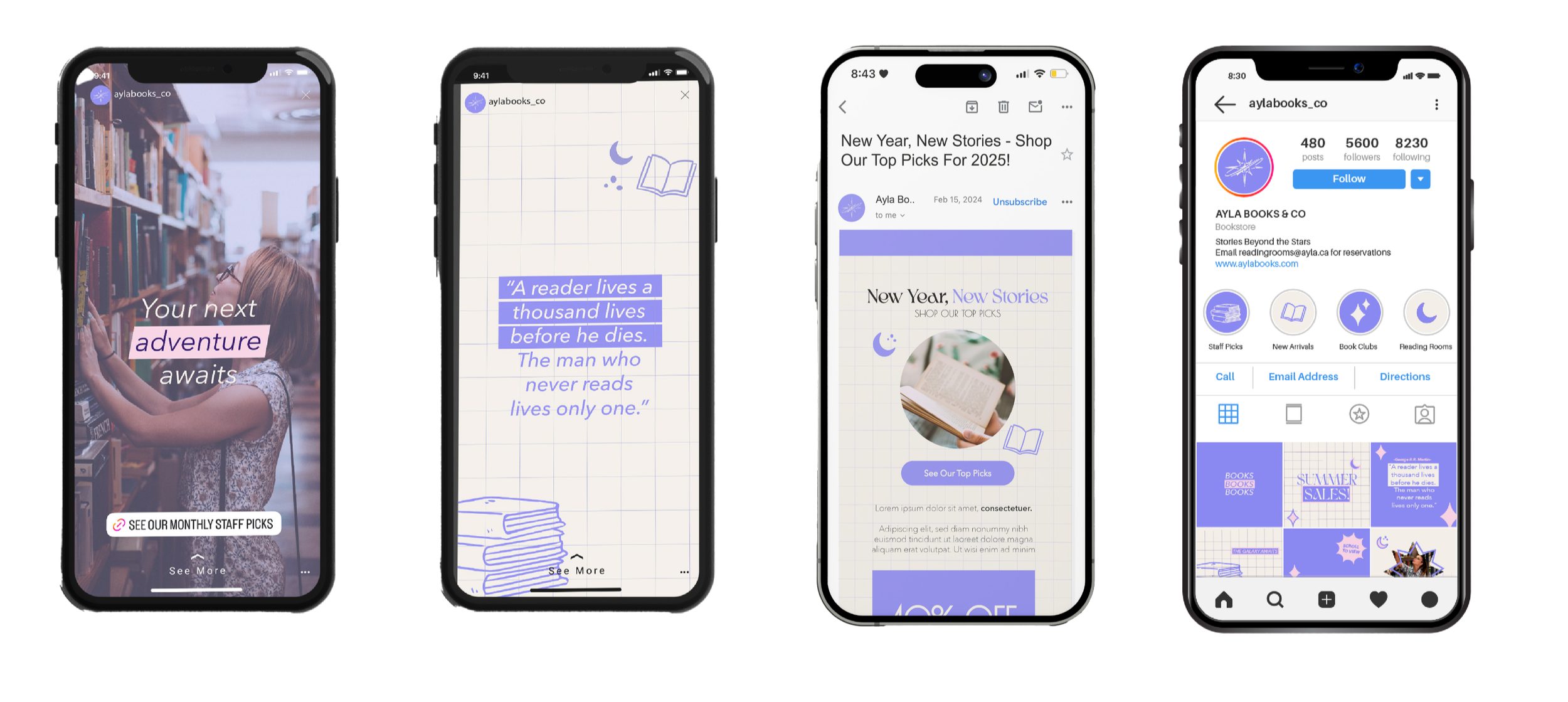 Instagram stories, Instagram page and mobile email blast for Ayla Books & Co