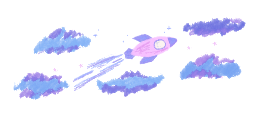 Clouds in a pastel colour palette with a pink rocketship flying through the sky.