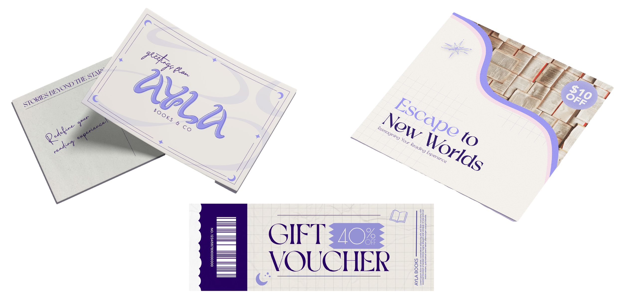 Postcard, Direct Mailer and Voucher for Ayla Books & Co