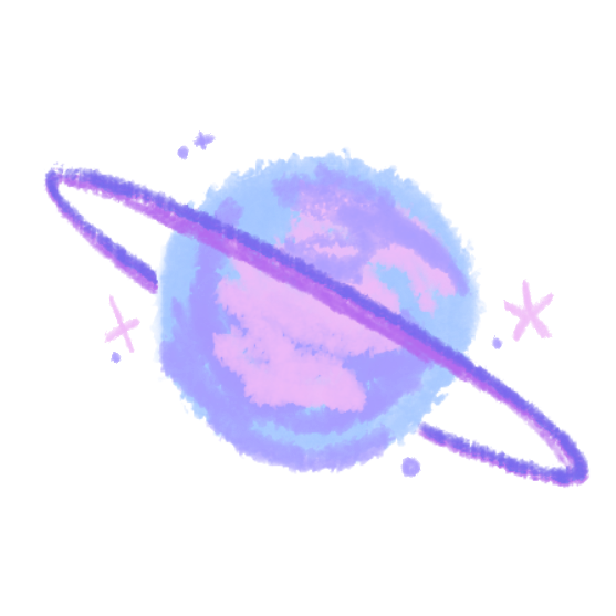 Artwork of a planet with rings, inspired by Saturn, in pastel shades of pink, purple, and blue.