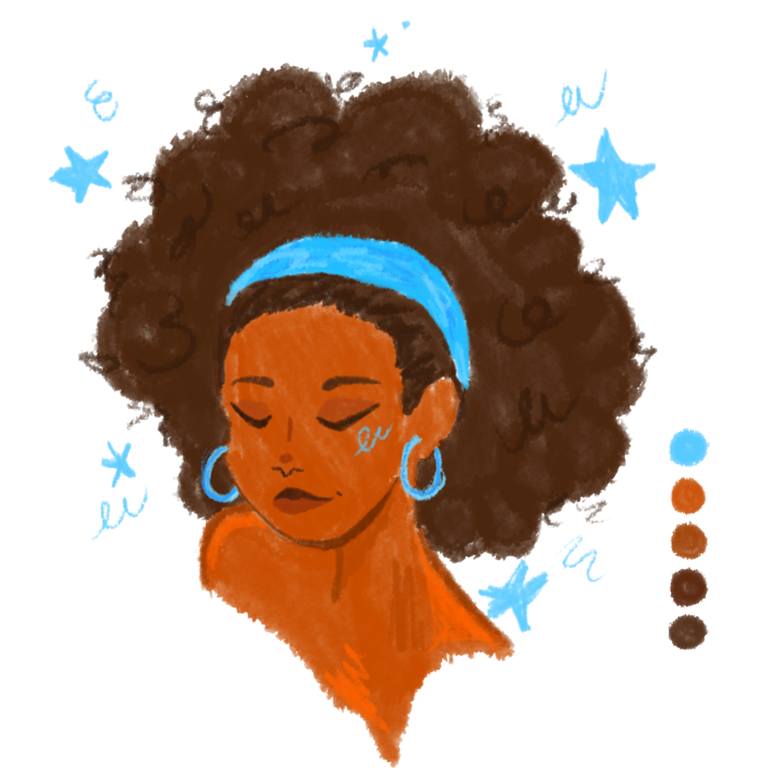 An illustrated woman with large, curly hair wearing a blue headband and hoop earrings, with eyes closed, creating a serene expression.