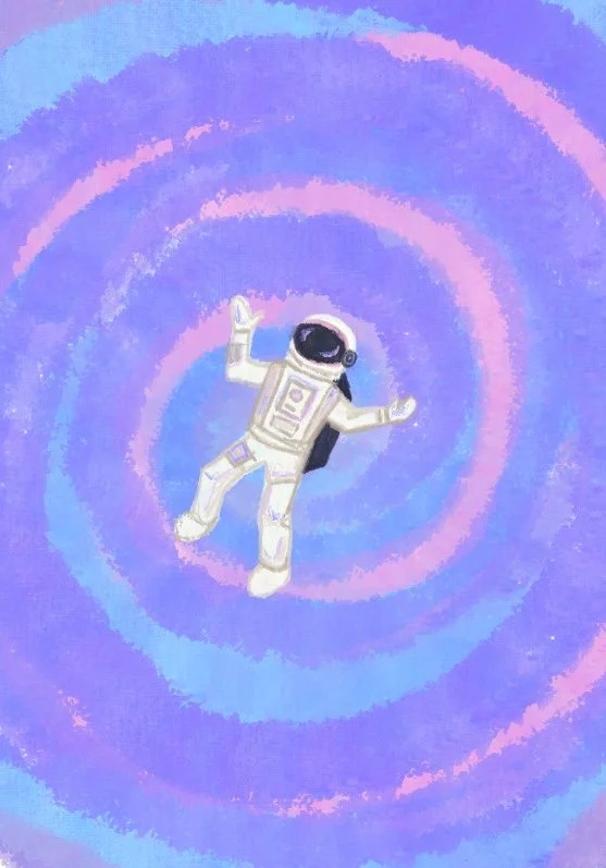 A cartoon astronaut floating in a colorful, spiral background with shades of pink and blue.
