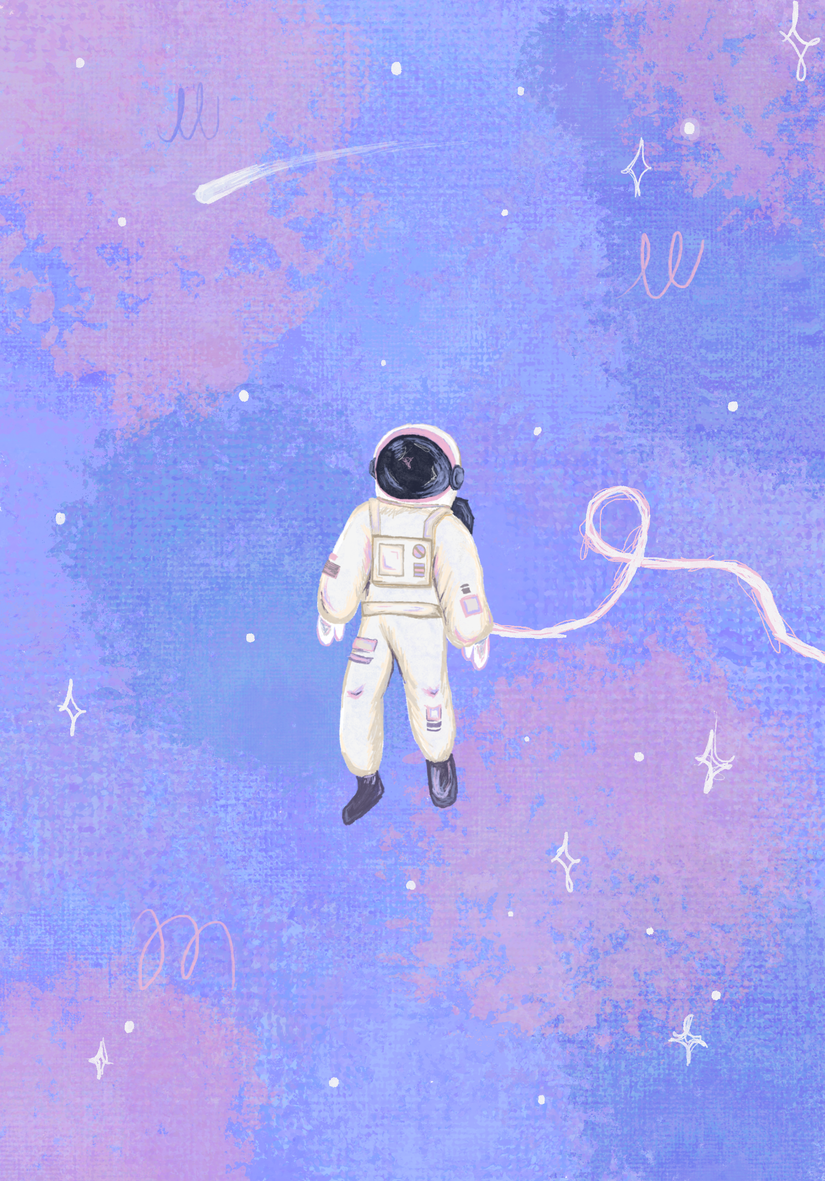 An astronaut floating in space against a pastel purple and blue background with stars, sparkles, and space-themed doodles.