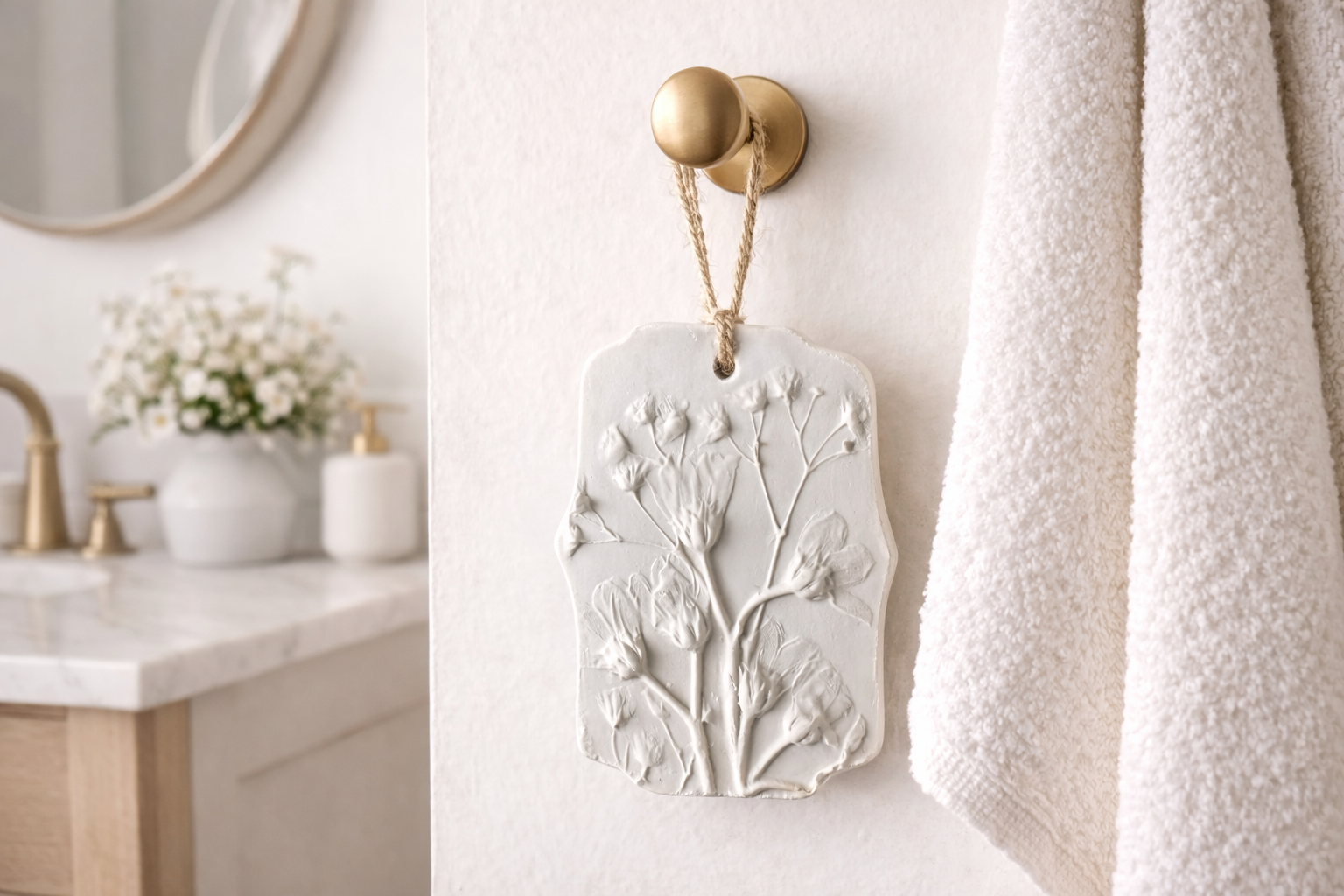 Decorative botanical diffuser with embossed floral design hanging on a gold hook on a white wall next to a cream towel.