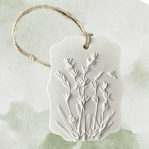 Botanical Bas Relief Essential Oil Diffuser engraved lavender plant design and a string loop for hanging