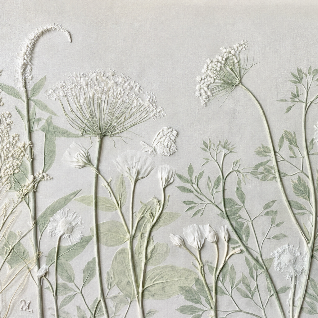 Pressed white and green botanical flowers and leaves arranged on a neutral background.