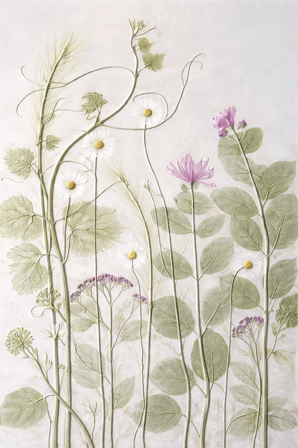 Pressed wildflowers including daisies, pink flowers, and purple flowers with green leaves and stems on a light background.