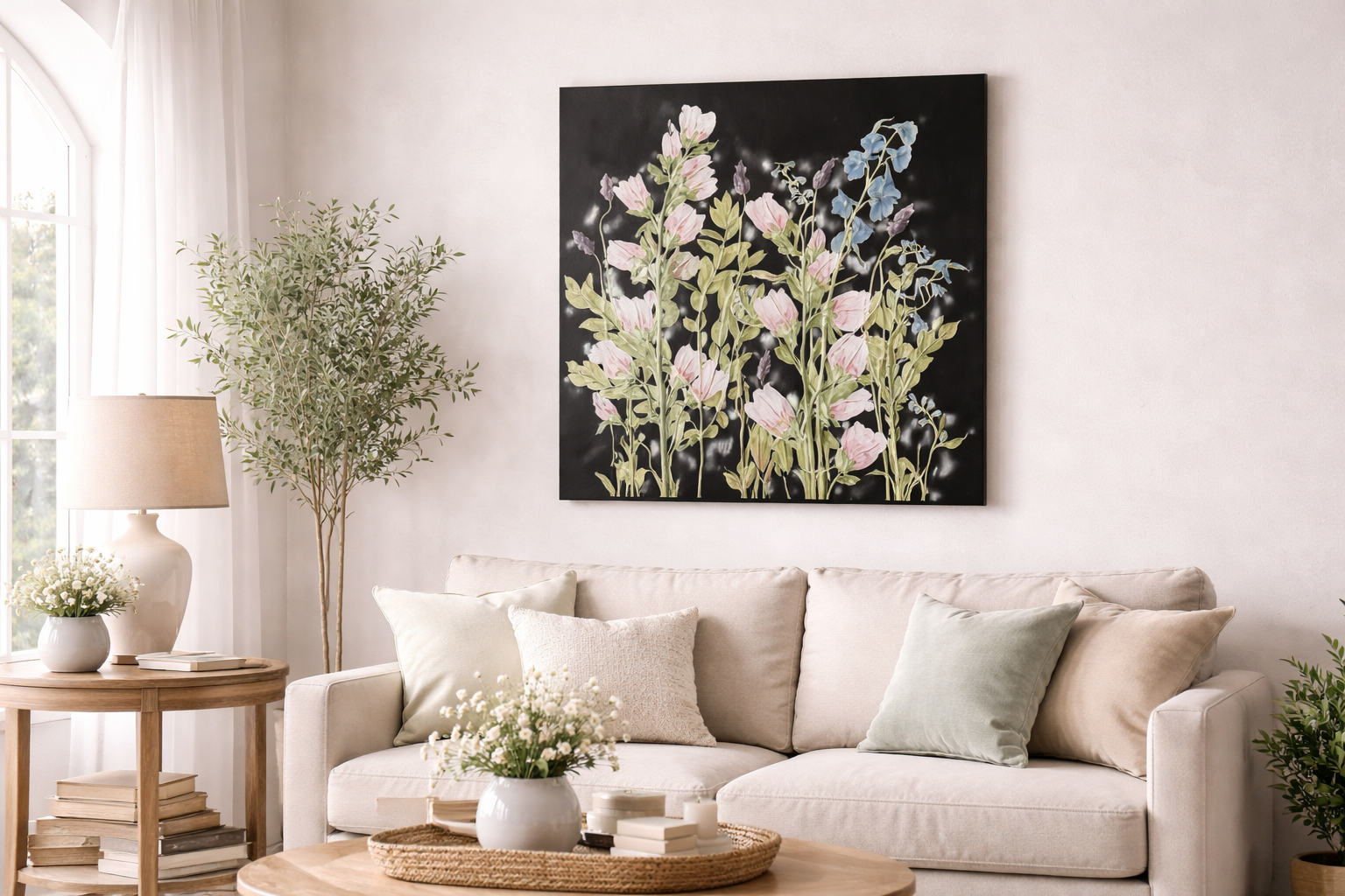 Living room with a beige sofa and pastel pillows, wooden side table with books and flowers, large black floral artwork on the wall, green potted plant, and a window with white curtains.
