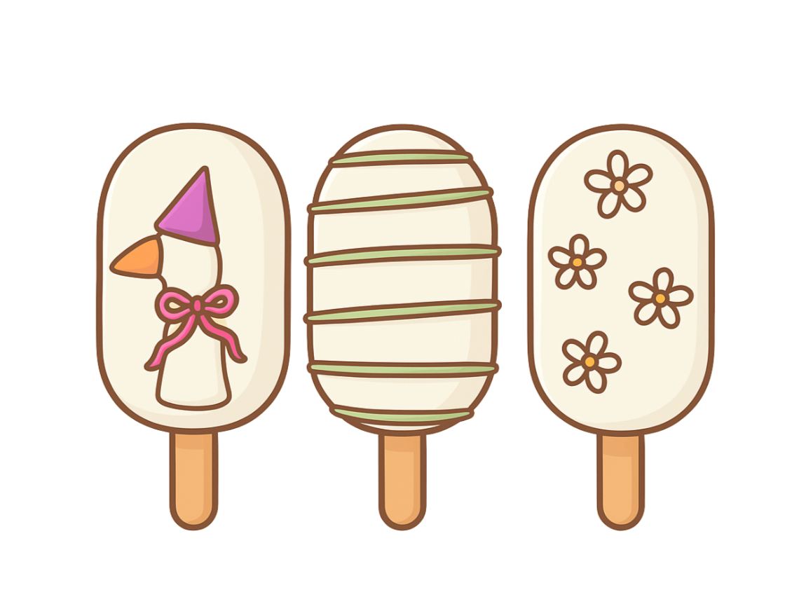 Three ice cream bars with different designs on wooden sticks