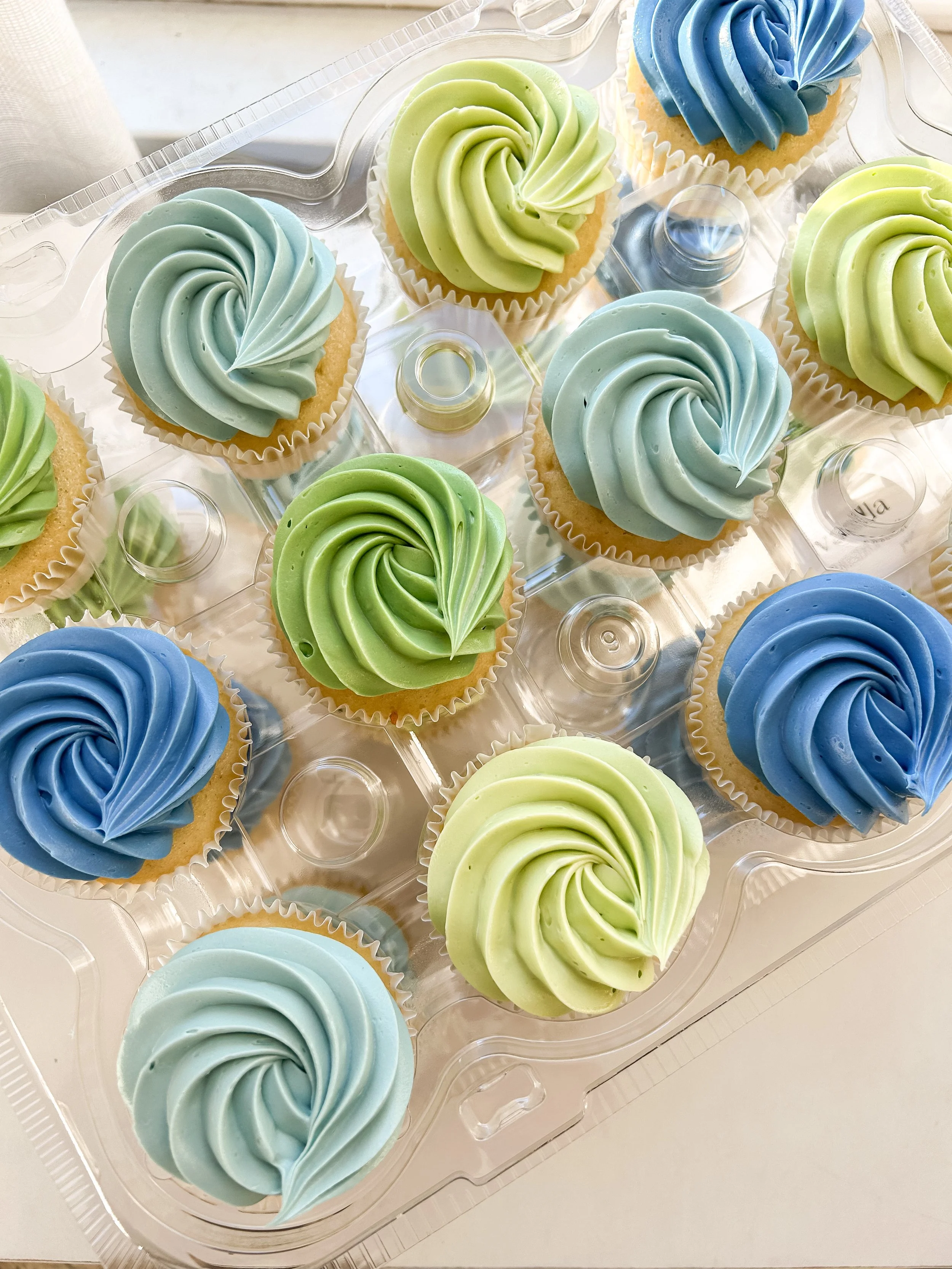 Cupcakes with swirled blue, green, and light blue frosting in a clear plastic container.