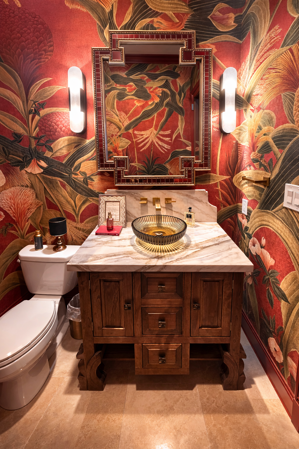 A bathroom vanity with a marble countertop, a glass vessel sink, a large mirror with decorative frame, wall-mounted light fixtures, a toilet, and wall with tropical floral wallpaper.