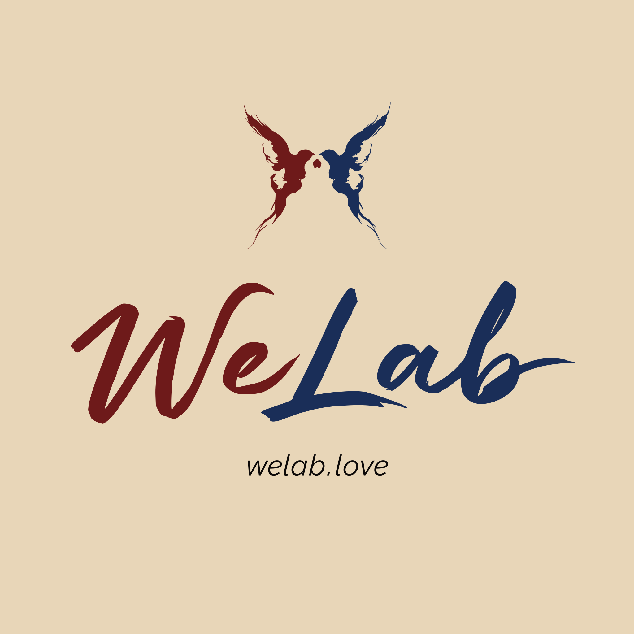 A graphic with a stylized butterfly shape in red and blue above the text 'welab.love'.