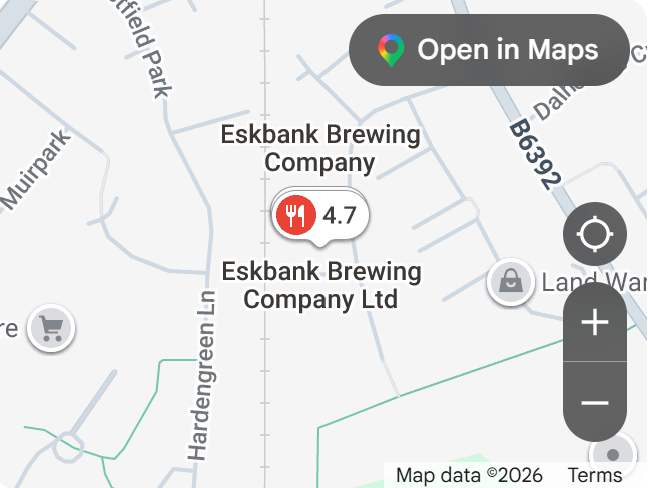 Map showing Eskbank Brewing Company and Eskbank Brewing Company Ltd in Scotland, with nearby roads and landmarks, including a restaurant rating of 4.7.