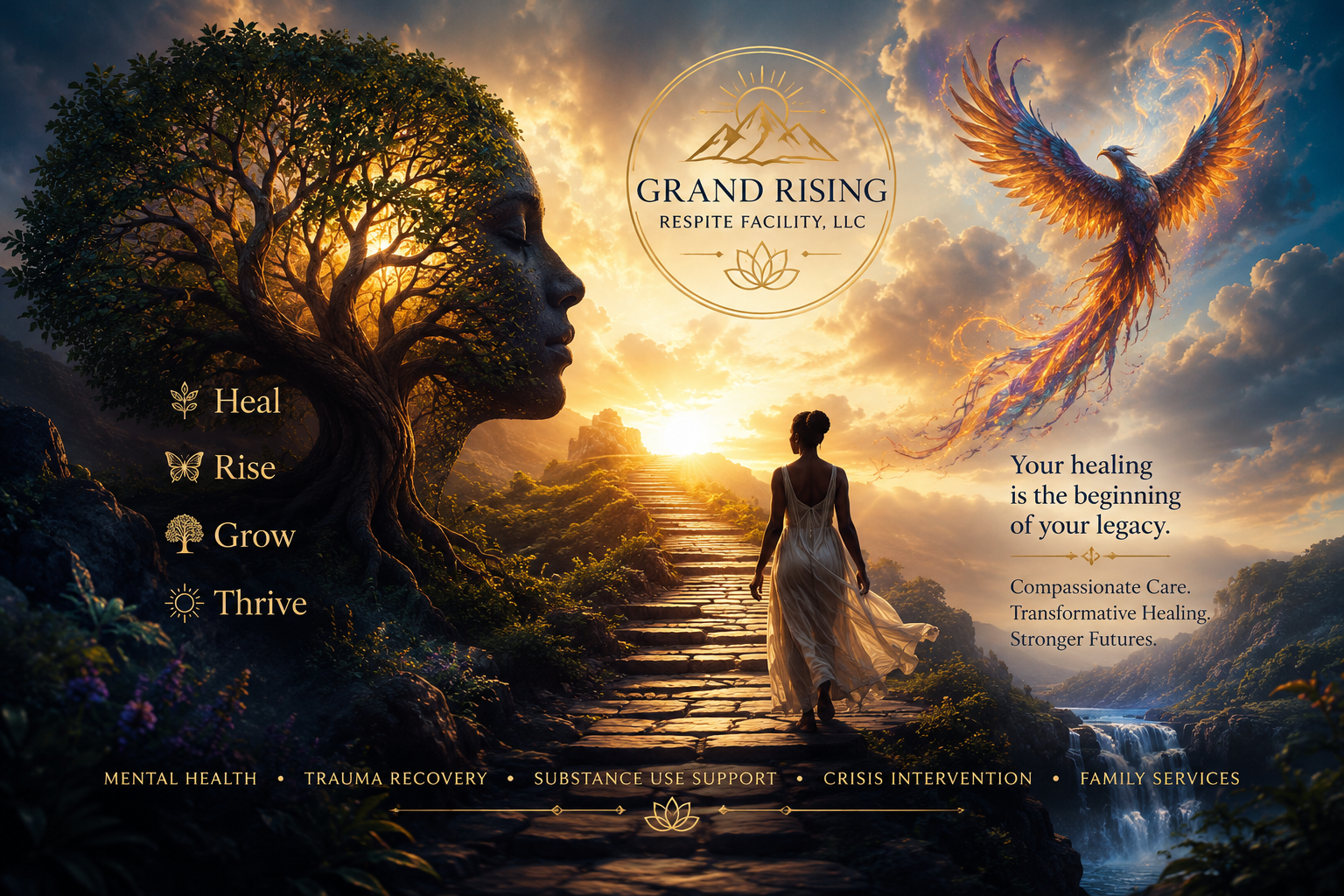 A woman walking up a stone path towards a sunrise or sunset in a mountainous landscape with clouds and a waterfall. On the left, a tree with a human face and a woman's profile is integrated into the scene. On the right, a colorful phoenix is flying. The image promotes Grand Rising Respite Facility with themes of healing, growth, and transformation.