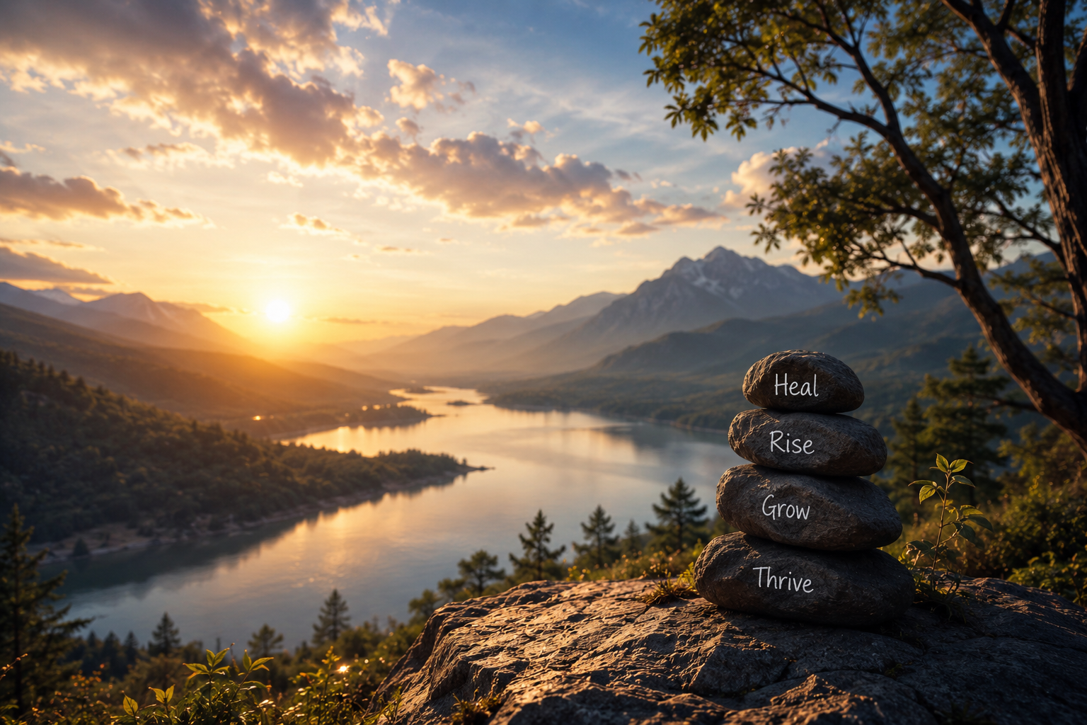 Stack of rocks with words 'Thrive,' 'Grow,' 'Rise,' and 'Heal' written on them, set against a scenic mountain landscape at sunset with a river and trees.