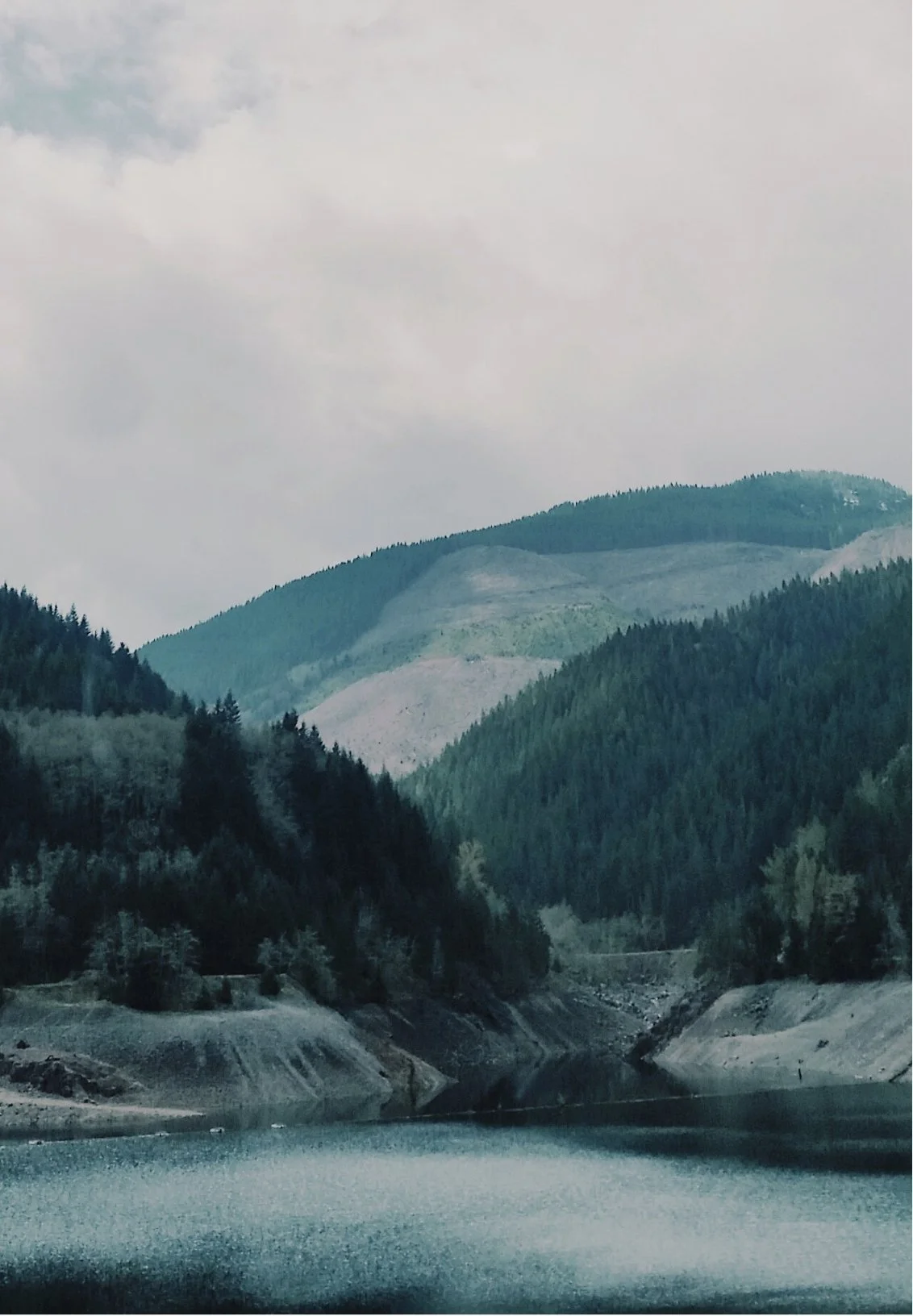 A scenic view of a river flowing between forested mountains and cloudy sky.