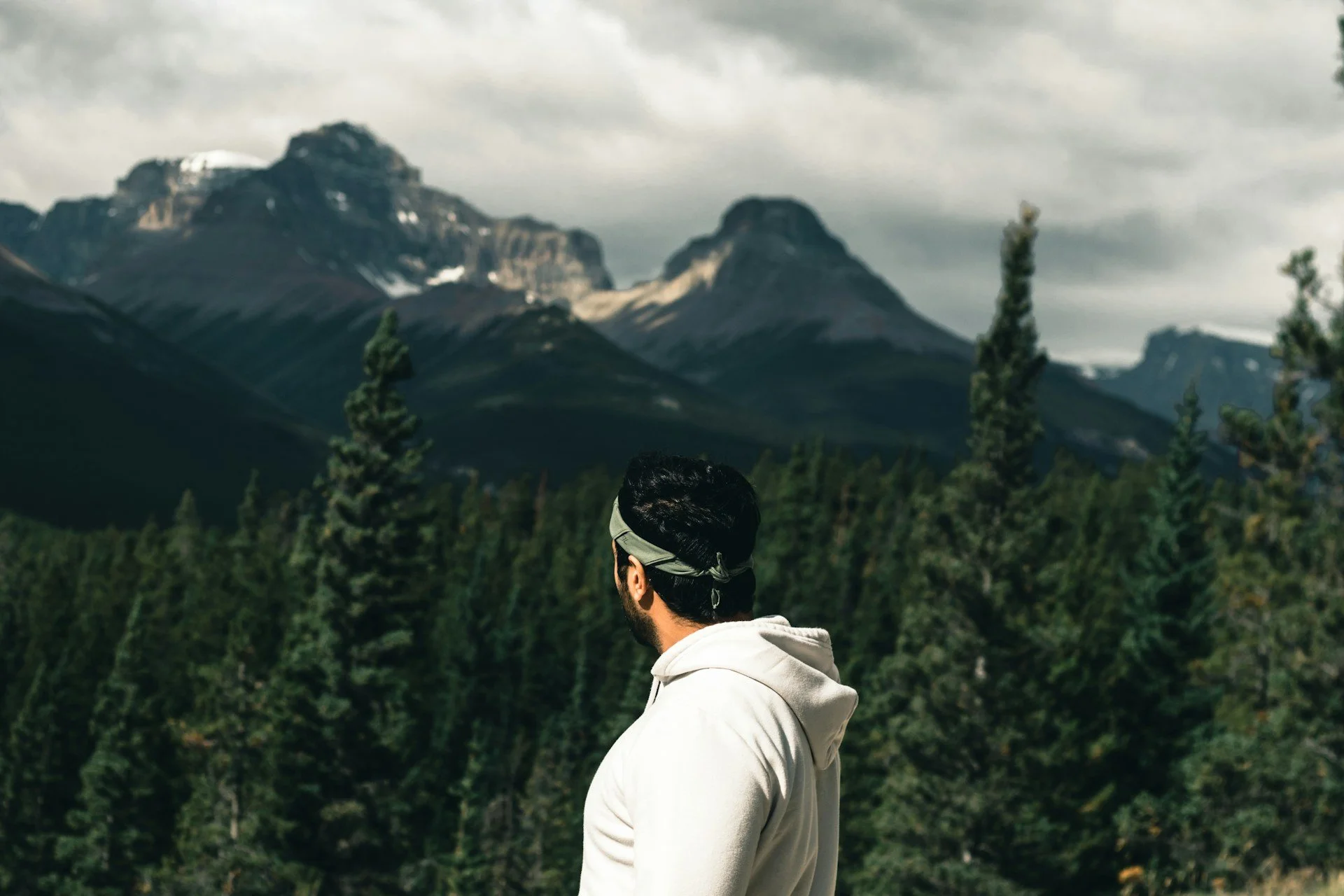 Man outdoors, standing with his back to the camera, looking at the mountains in the distance., with trees in front of him.