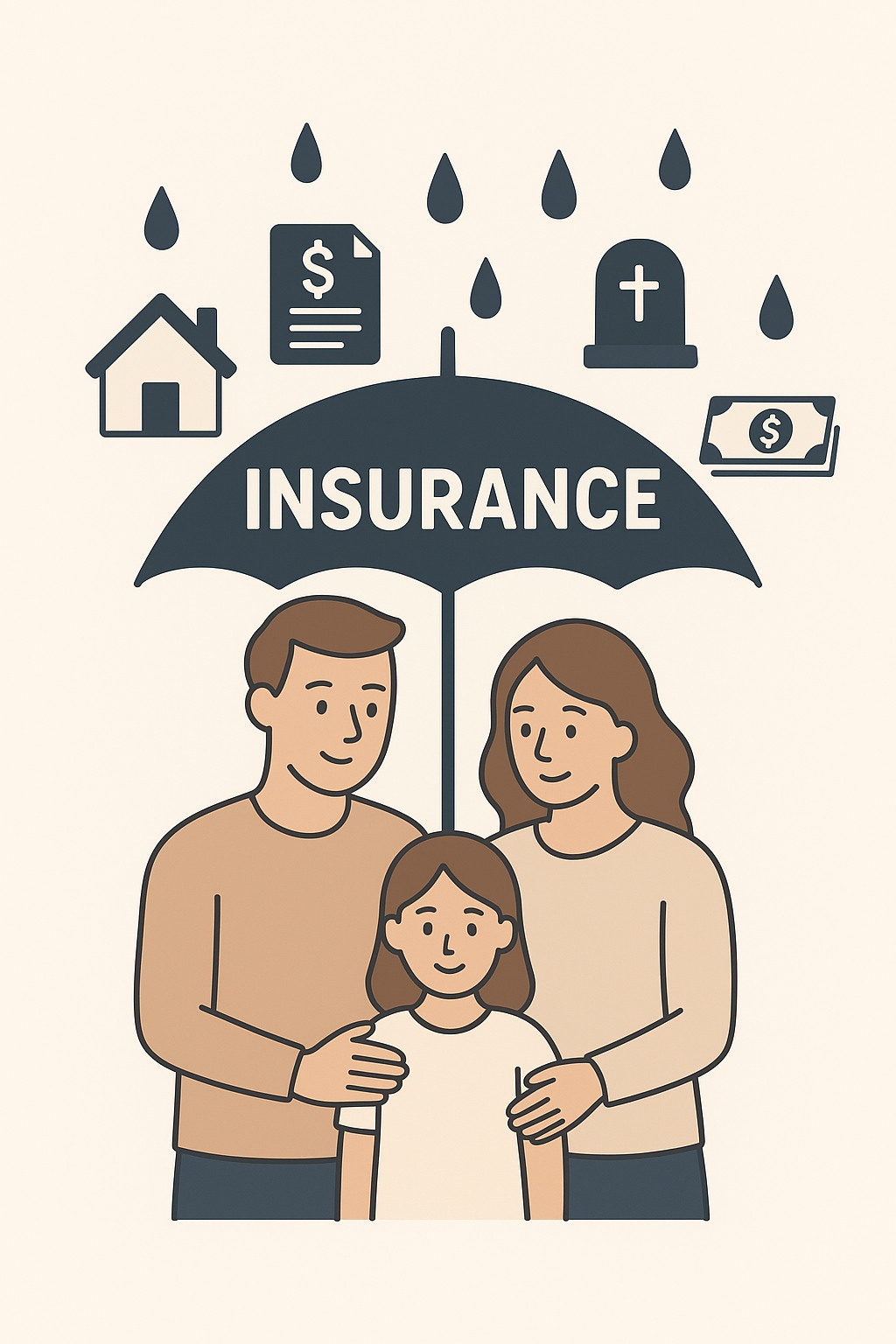 A family of three stands together under an umbrella labeled "Insurance." Above them are icons of a house, a document with a dollar sign, a gravestone with a cross, and cash, all representing different types of insurance coverage.