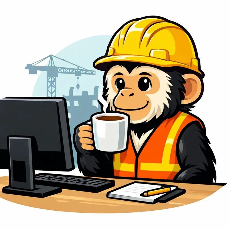 Cartoon monkey wearing a yellow construction helmet and orange safety vest sitting at a desk with a computer, holding a coffee mug, with construction cranes in the background.