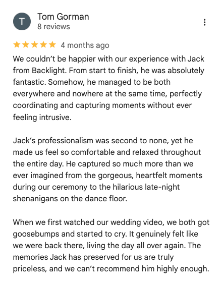 Customer review for Backlight, praising Jack's professionalism and capturing memorable moments at a wedding.