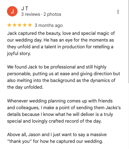 Screenshot of a five-star wedding photographer review highlighting their professionalism and quality of work.