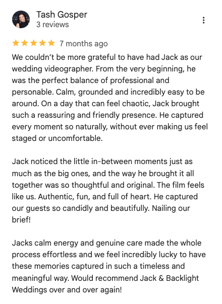 Screenshot of a 5-star review for a wedding videographer named Jack, praising his professionalism, calming presence, and ability to capture genuine moments during a wedding.