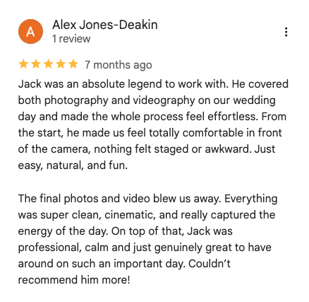 Customer review for a wedding photographer, praising Jack for his professional and natural style.